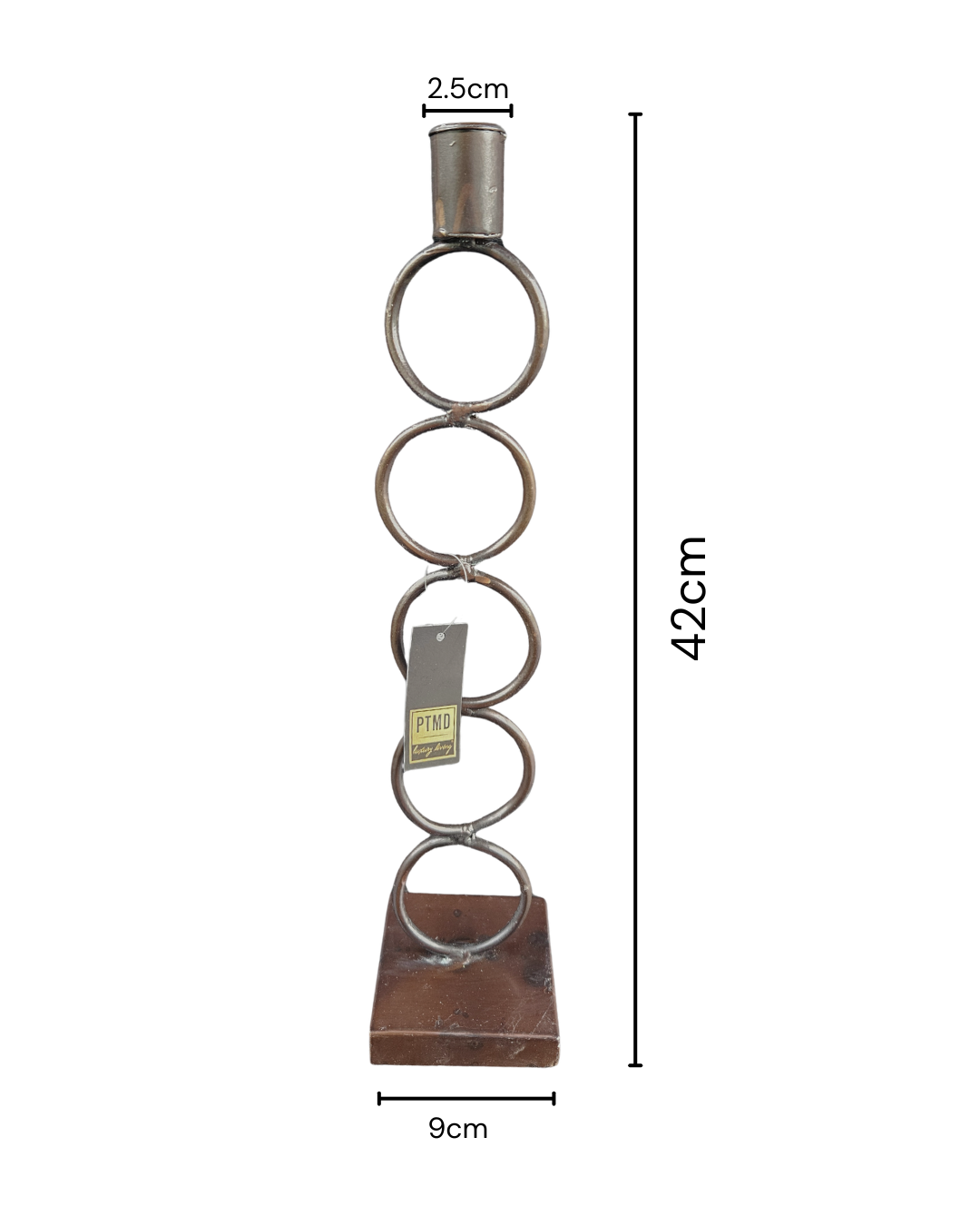 42 cm lysestage i kobberfarvet metal med fire ringe og firkantet pladebase