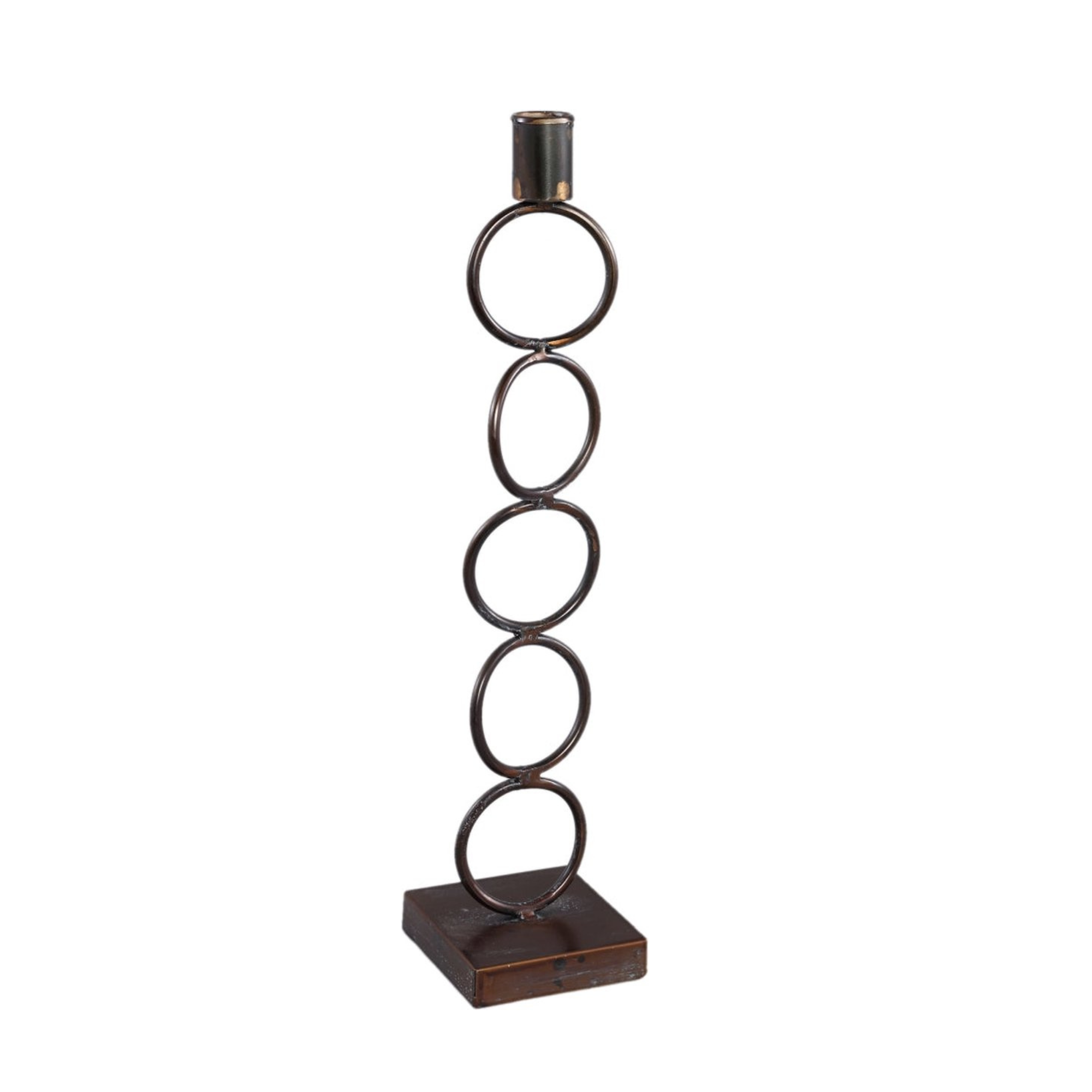 42 cm lysestage i kobberfarvet metal med fem ringe og firkantet pladebase
