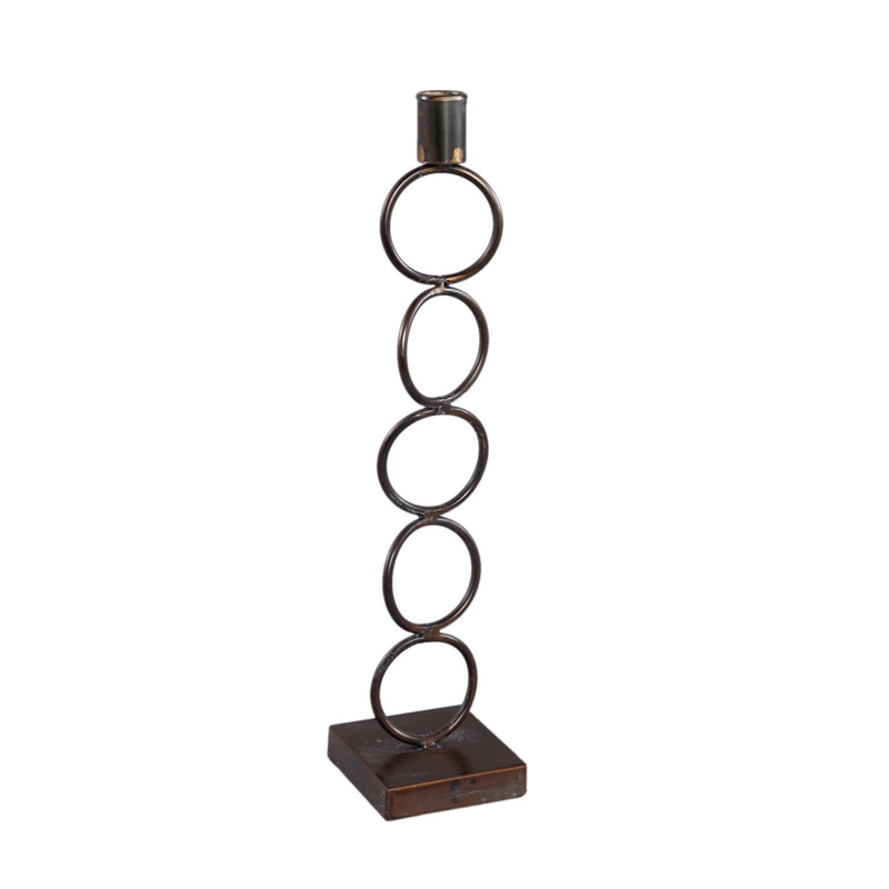 42 cm lysestage i kobberfarvet metal med fem ringe og firkantet pladebase