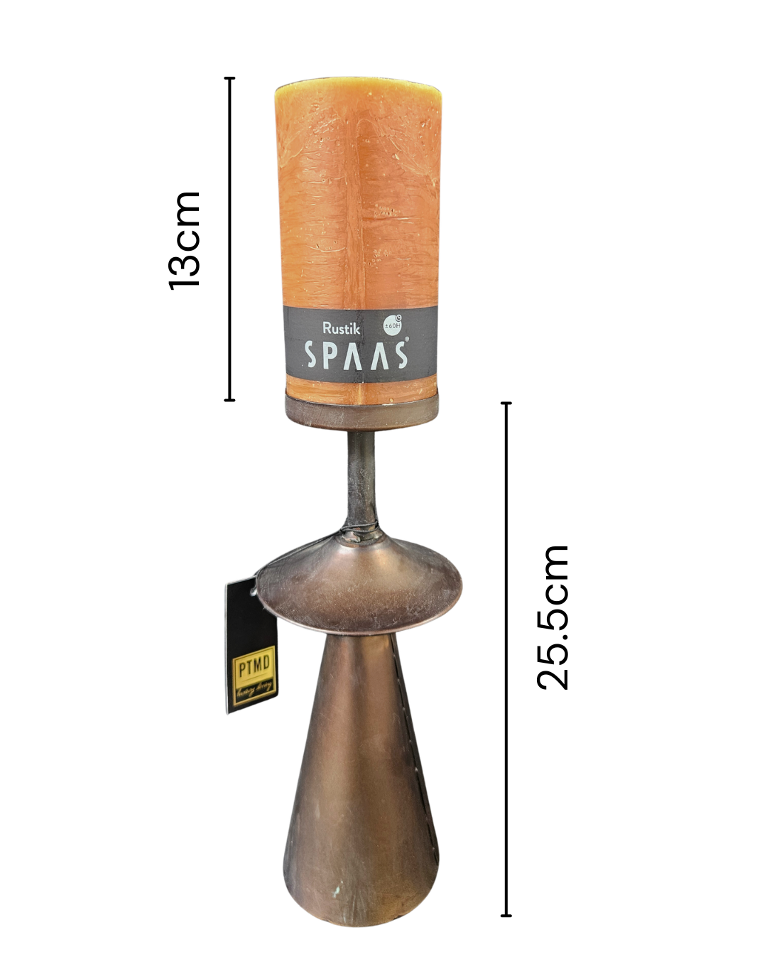 Kobber-lysestage med orange cylinderlys og mærkat, 25,5 cm