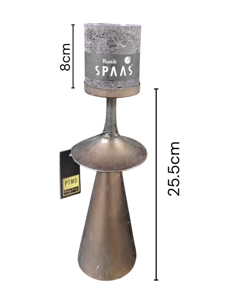 Sølvgrå metal-lysestage med gråt cylinderlys og mærkat, 25,5 cm